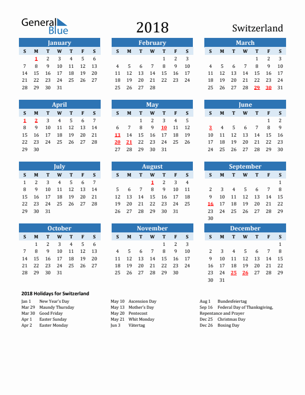 Printable Calendar 2018 with Switzerland Holidays (Sunday Start)