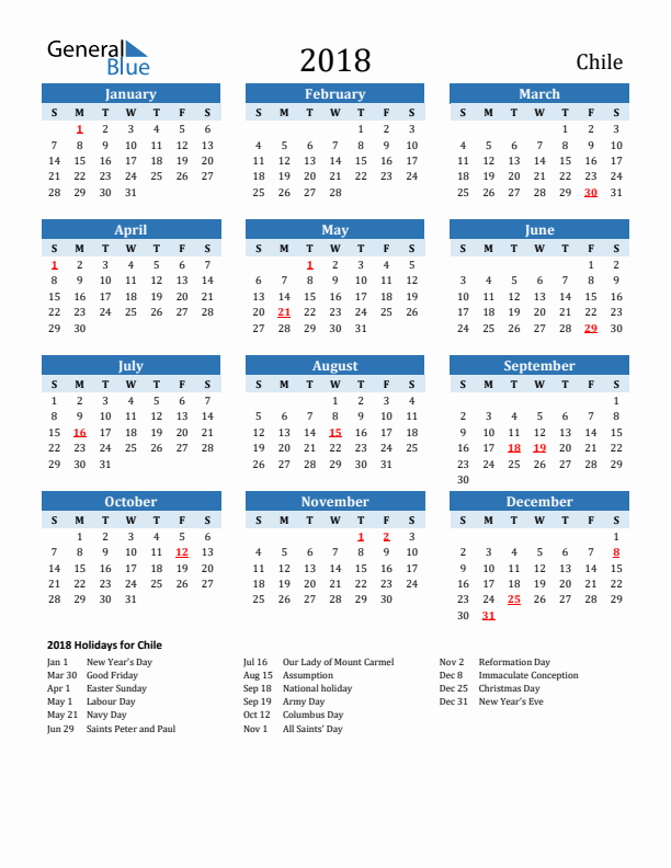 Printable Calendar 2018 with Chile Holidays (Sunday Start)