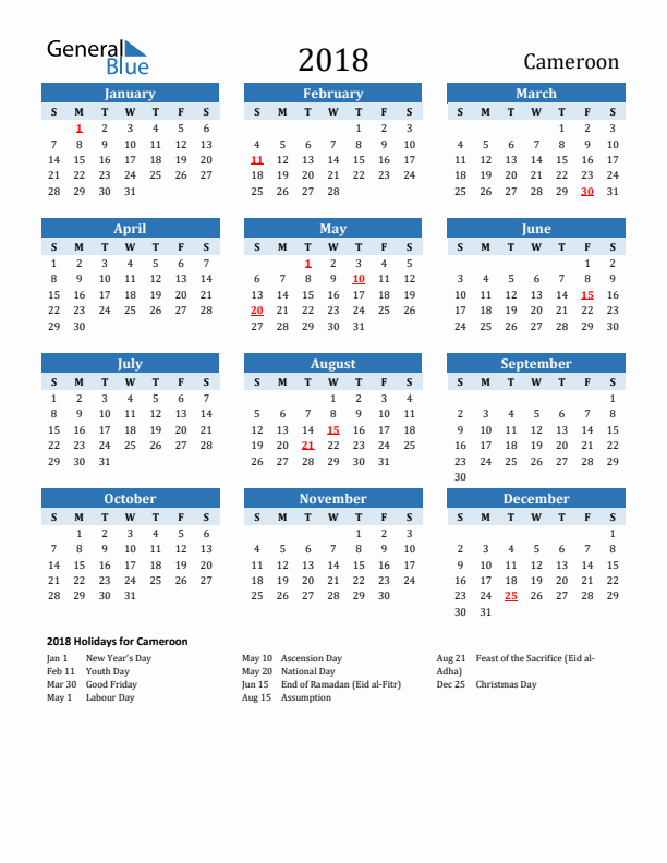 Printable Calendar 2018 with Cameroon Holidays (Sunday Start)