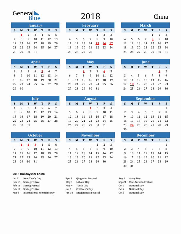 Printable Calendar 2018 with China Holidays (Sunday Start)