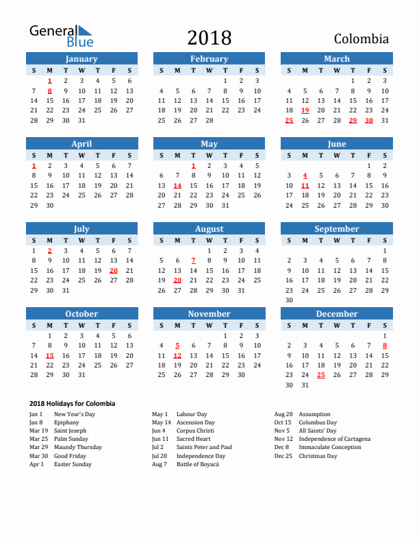 Printable Calendar 2018 with Colombia Holidays (Sunday Start)