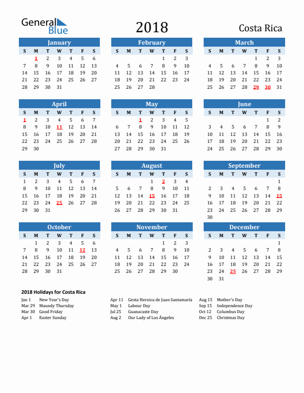 Printable Calendar 2018 with Costa Rica Holidays (Sunday Start)