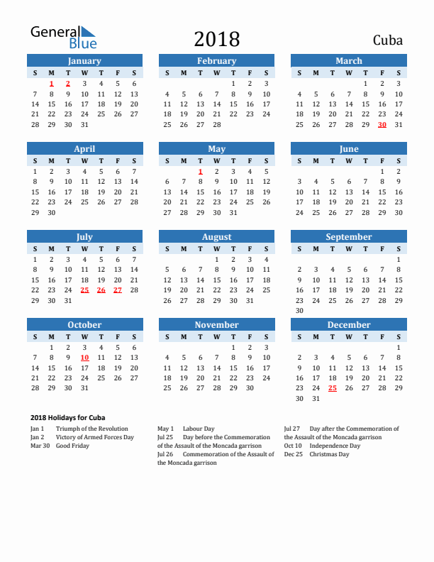 Printable Calendar 2018 with Cuba Holidays (Sunday Start)
