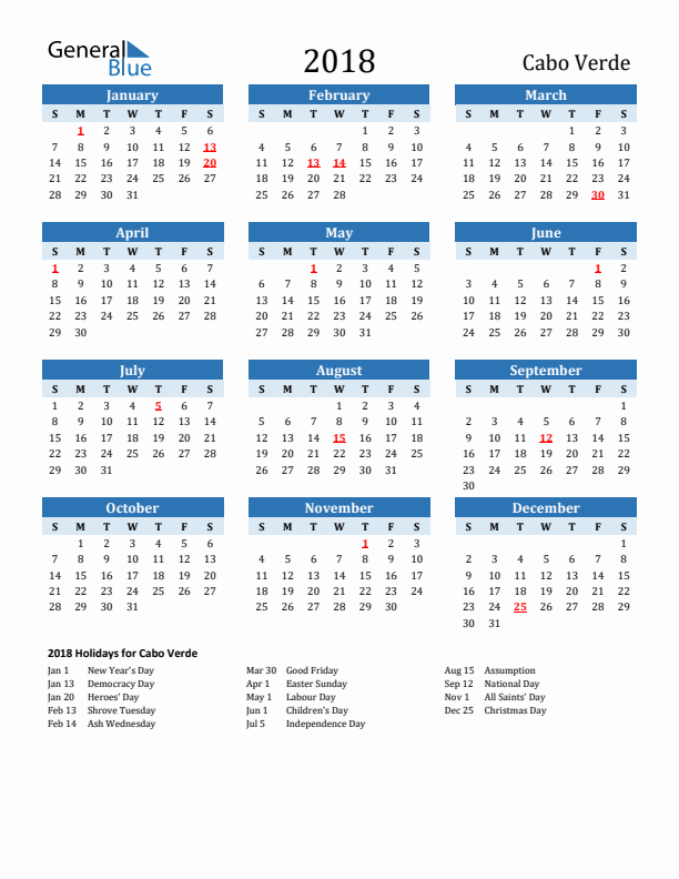 Printable Calendar 2018 with Cabo Verde Holidays (Sunday Start)