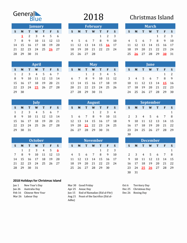 Printable Calendar 2018 with Christmas Island Holidays (Sunday Start)