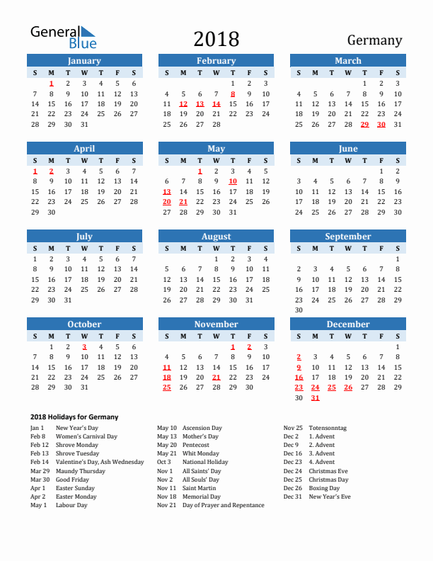 Printable Calendar 2018 with Germany Holidays (Sunday Start)