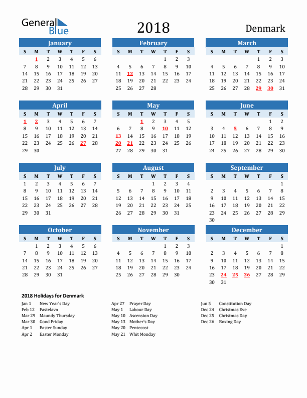 Printable Calendar 2018 with Denmark Holidays (Sunday Start)
