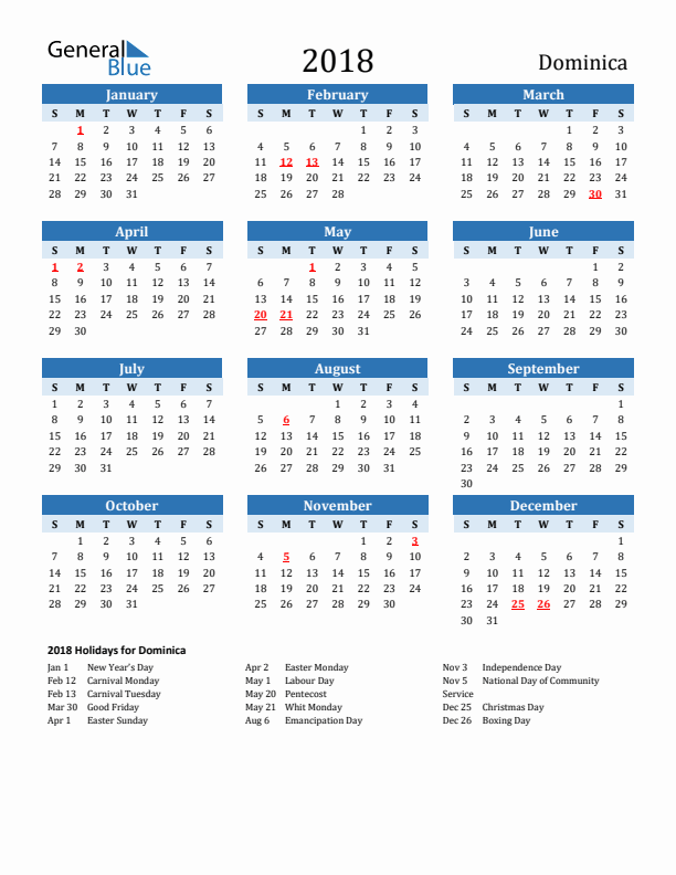 Printable Calendar 2018 with Dominica Holidays (Sunday Start)