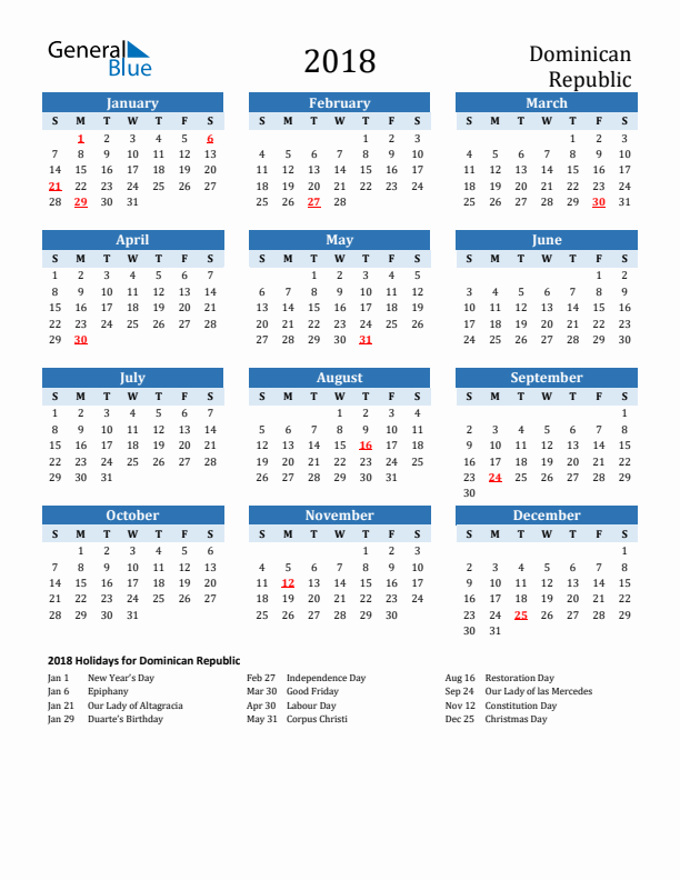 Printable Calendar 2018 with Dominican Republic Holidays (Sunday Start)