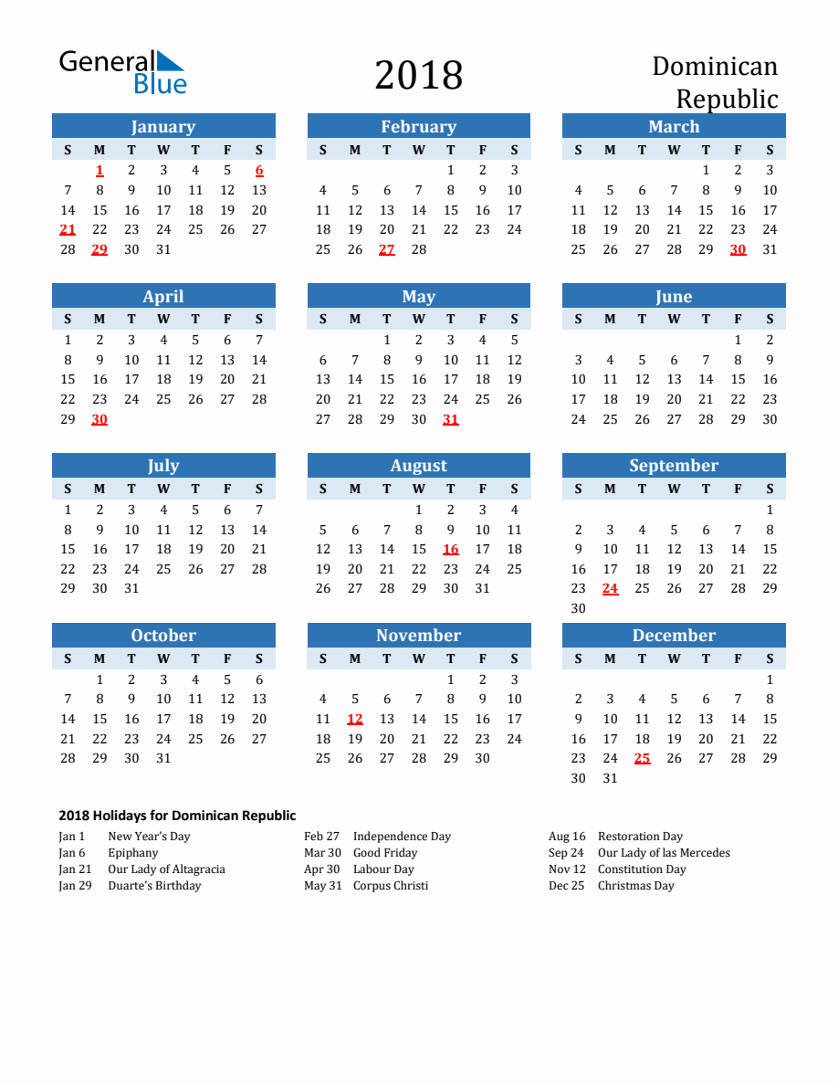 2018 Printable Calendar with Dominican Republic Holidays