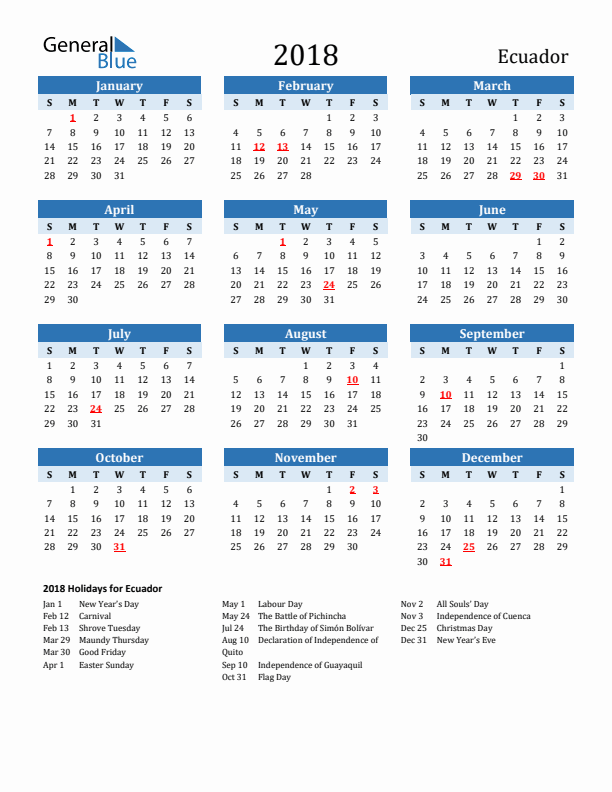 Printable Calendar 2018 with Ecuador Holidays (Sunday Start)