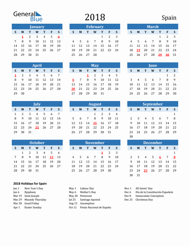 Printable Calendar 2018 with Spain Holidays (Sunday Start)