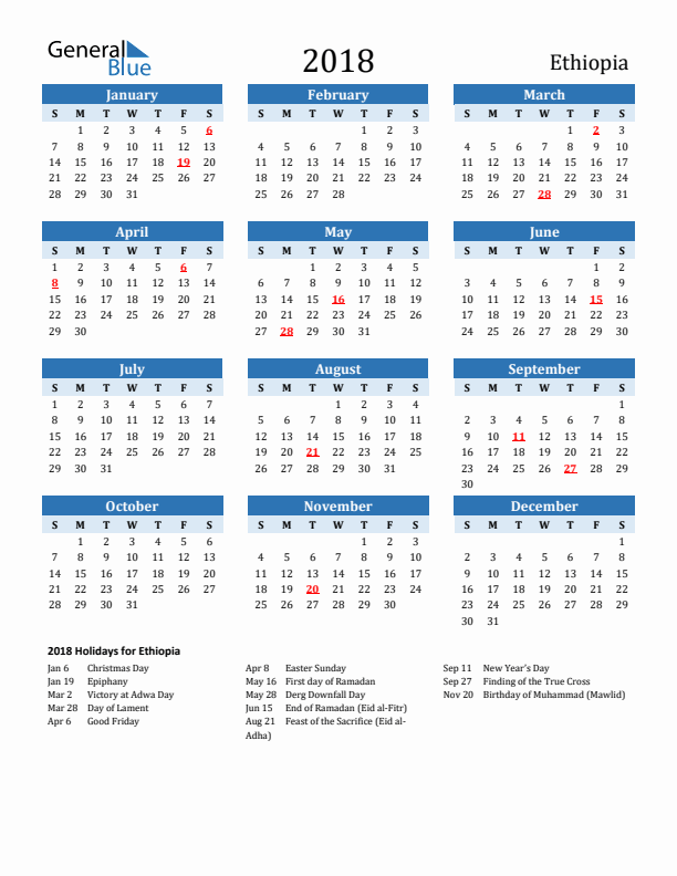 Printable Calendar 2018 with Ethiopia Holidays (Sunday Start)
