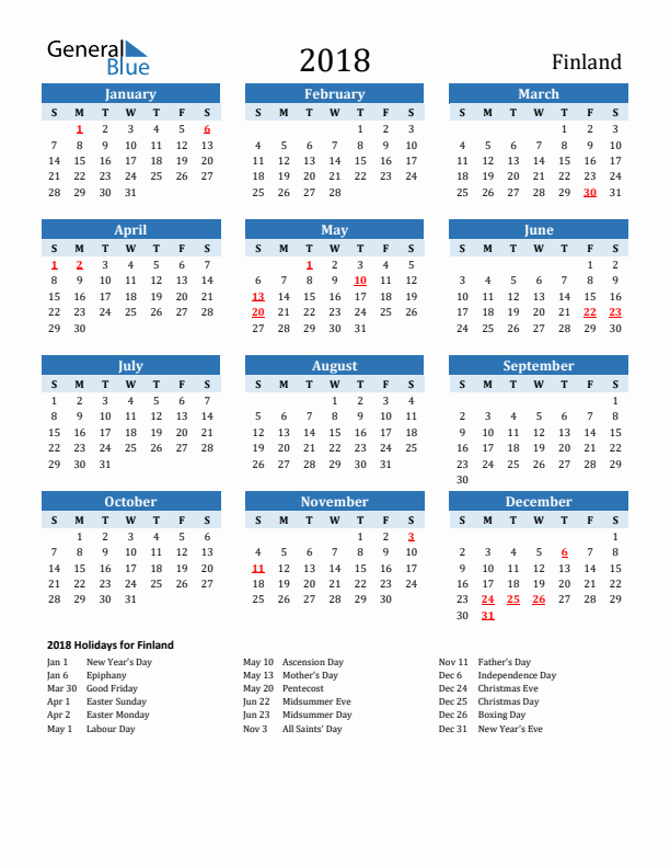 Printable Calendar 2018 with Finland Holidays (Sunday Start)