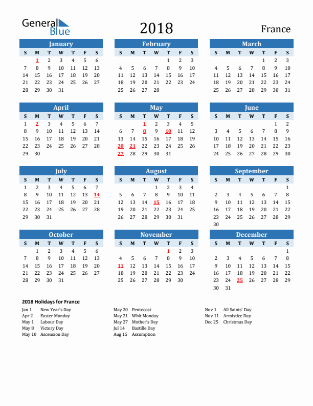 Printable Calendar 2018 with France Holidays (Sunday Start)