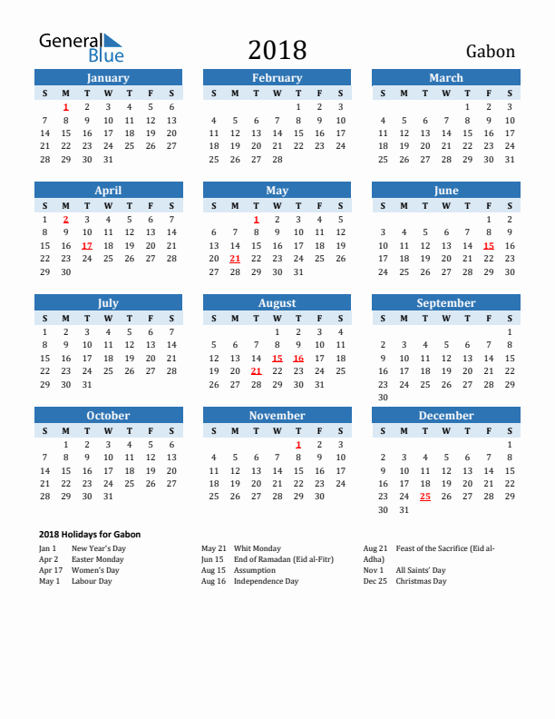 Printable Calendar 2018 with Gabon Holidays (Sunday Start)
