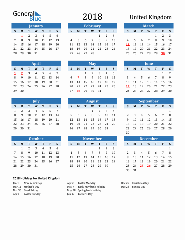 Printable Calendar 2018 with United Kingdom Holidays (Sunday Start)