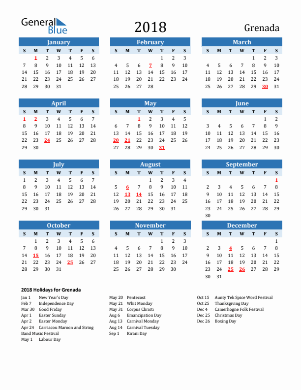 Printable Calendar 2018 with Grenada Holidays (Sunday Start)