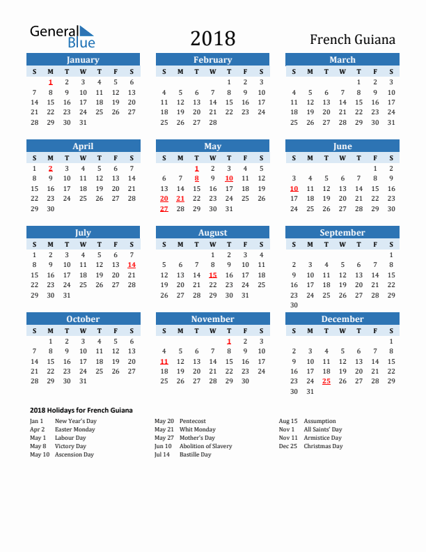 Printable Calendar 2018 with French Guiana Holidays (Sunday Start)