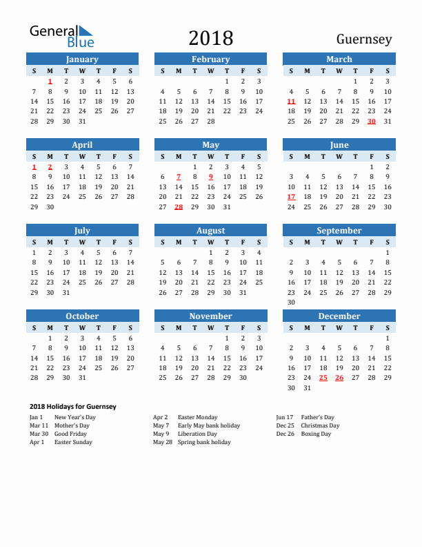 Printable Calendar 2018 with Guernsey Holidays (Sunday Start)