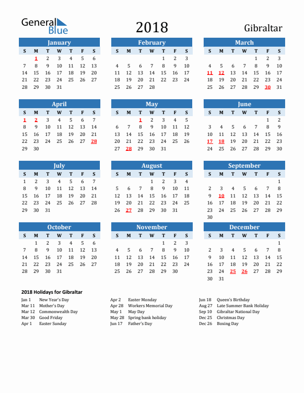Printable Calendar 2018 with Gibraltar Holidays (Sunday Start)