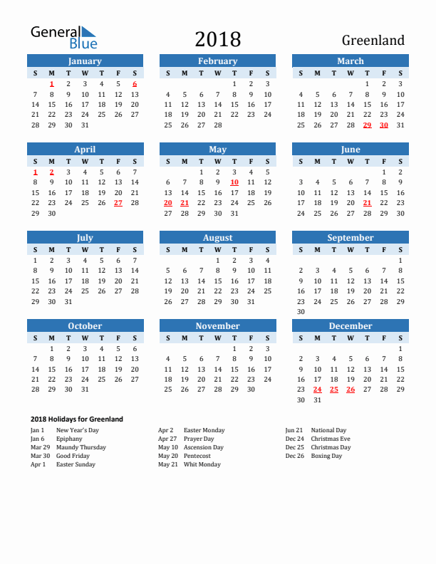 Printable Calendar 2018 with Greenland Holidays (Sunday Start)