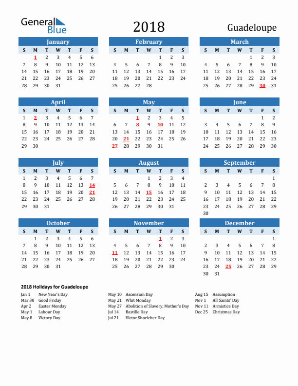 Printable Calendar 2018 with Guadeloupe Holidays (Sunday Start)