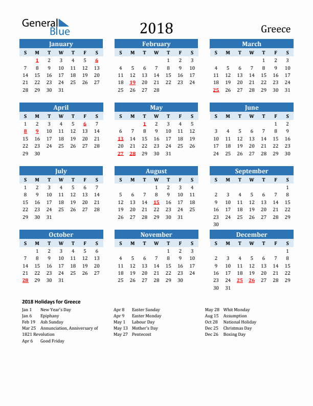 Printable Calendar 2018 with Greece Holidays (Sunday Start)