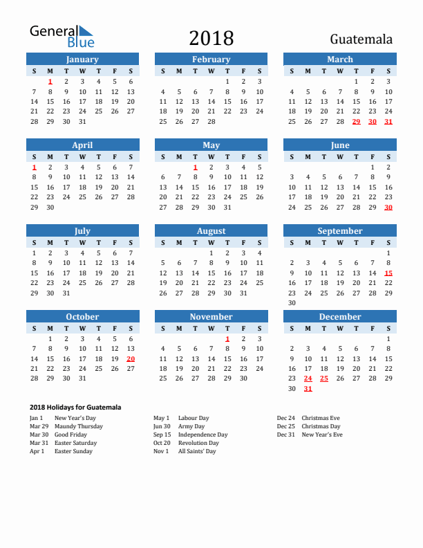 Printable Calendar 2018 with Guatemala Holidays (Sunday Start)