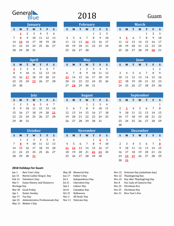 Printable Calendar 2018 with Guam Holidays (Sunday Start)