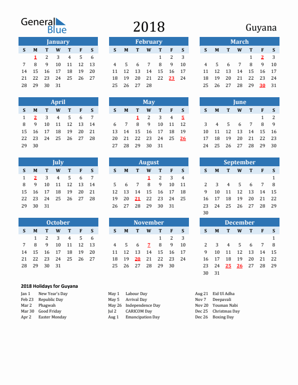 Printable Calendar 2018 with Guyana Holidays (Sunday Start)