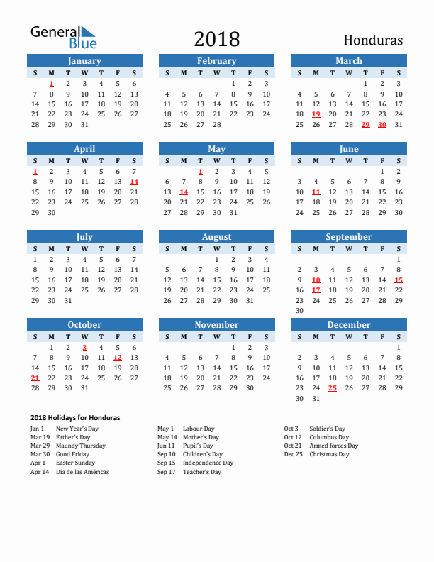 Printable Calendar 2018 with Honduras Holidays (Sunday Start)