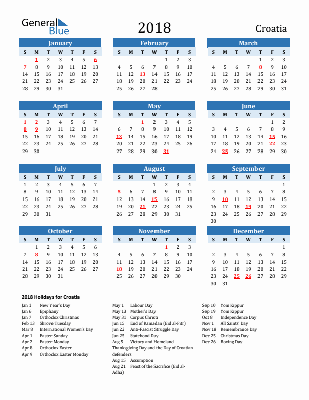 Printable Calendar 2018 with Croatia Holidays (Sunday Start)