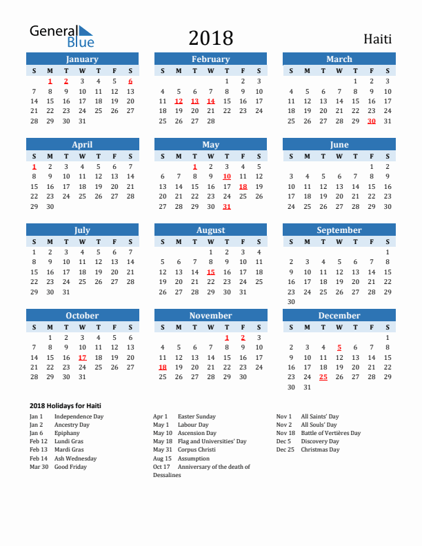 Printable Calendar 2018 with Haiti Holidays (Sunday Start)