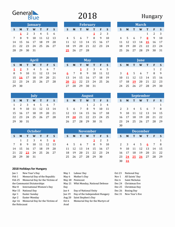 Printable Calendar 2018 with Hungary Holidays (Sunday Start)