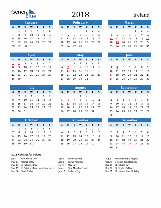 Printable Calendar 2018 with Ireland Holidays (Sunday Start)