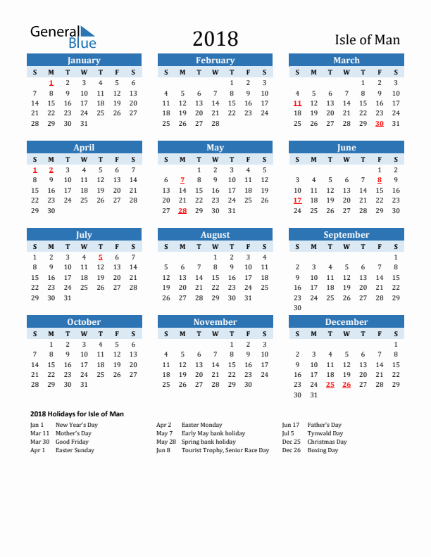 Printable Calendar 2018 with Isle of Man Holidays (Sunday Start)