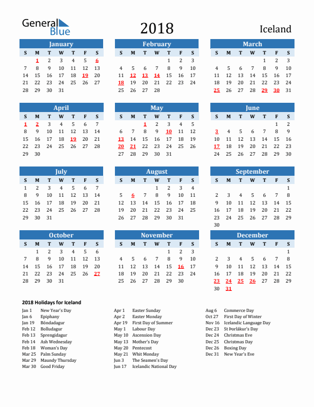 Printable Calendar 2018 with Iceland Holidays (Sunday Start)