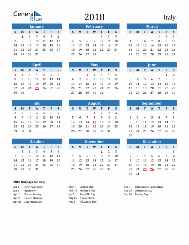 Printable Calendar 2018 with Italy Holidays (Sunday Start)