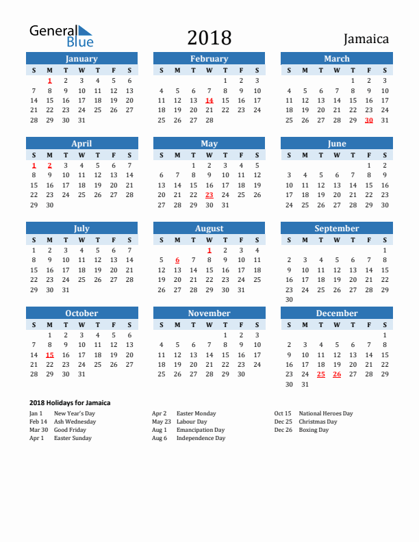 Printable Calendar 2018 with Jamaica Holidays (Sunday Start)