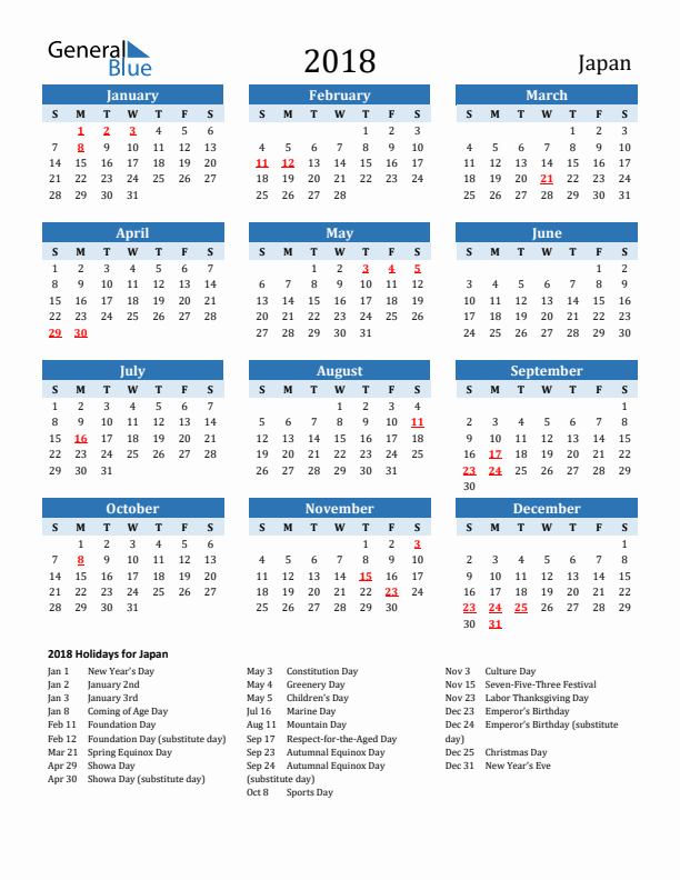 Printable Calendar 2018 with Japan Holidays (Sunday Start)