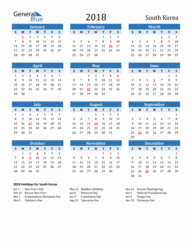 Printable Calendar 2018 with South Korea Holidays (Sunday Start)