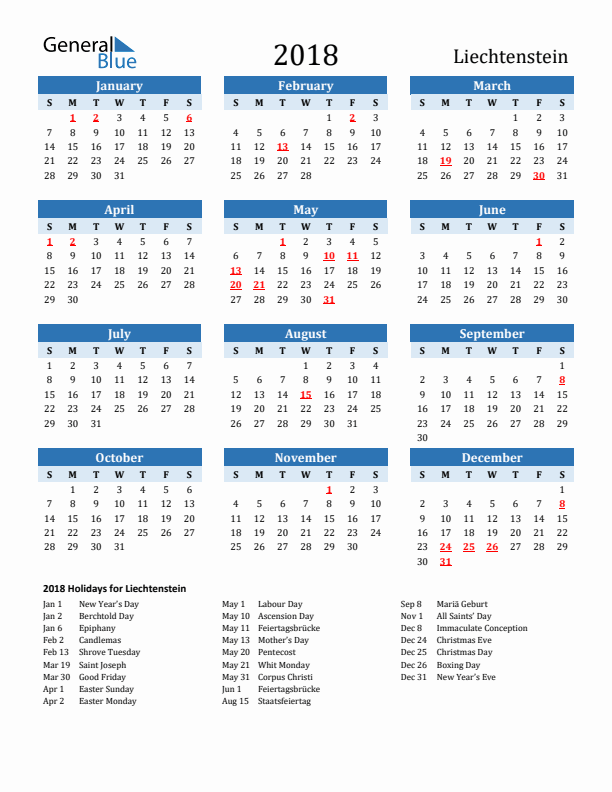 Printable Calendar 2018 with Liechtenstein Holidays (Sunday Start)