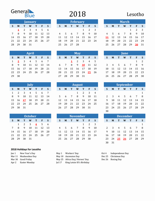 Printable Calendar 2018 with Lesotho Holidays (Sunday Start)