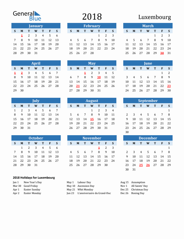 Printable Calendar 2018 with Luxembourg Holidays (Sunday Start)