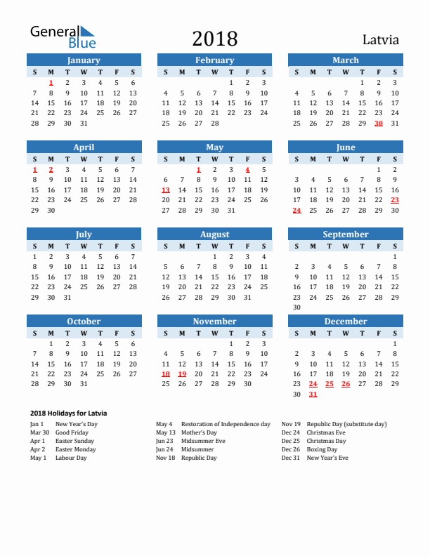 Printable Calendar 2018 with Latvia Holidays (Sunday Start)