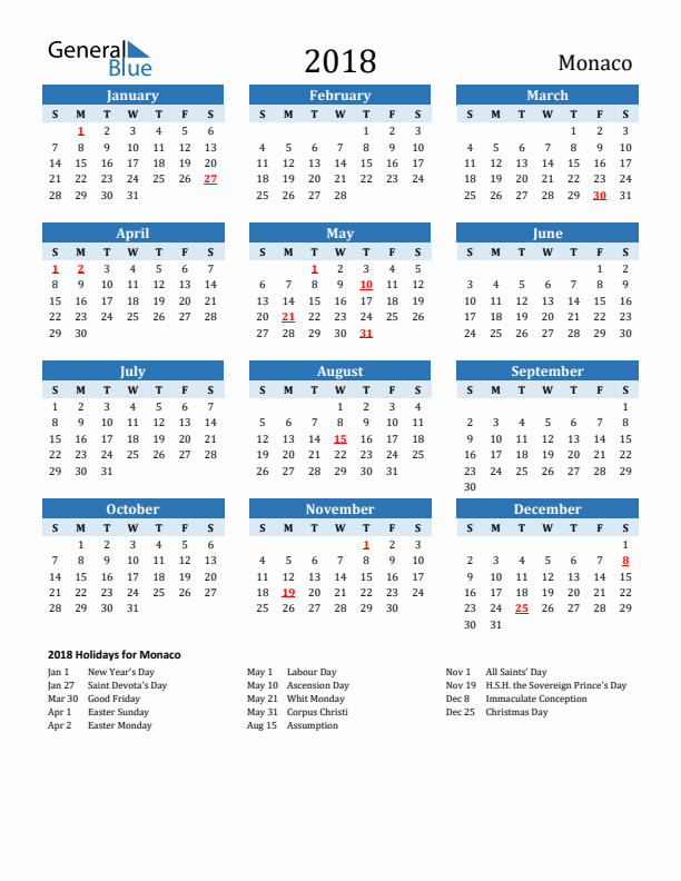 Printable Calendar 2018 with Monaco Holidays (Sunday Start)