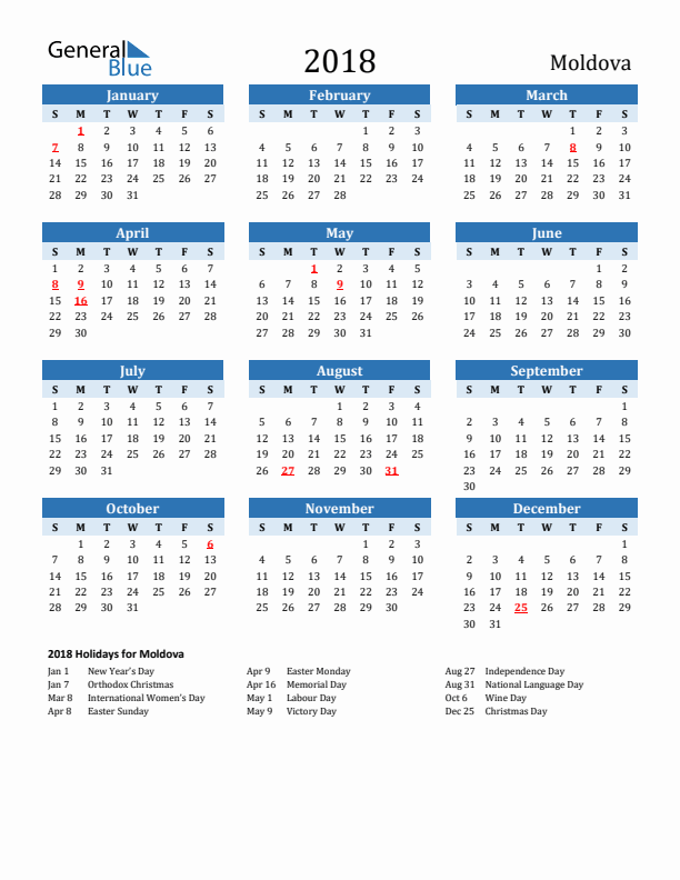Printable Calendar 2018 with Moldova Holidays (Sunday Start)