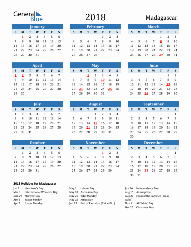 Printable Calendar 2018 with Madagascar Holidays (Sunday Start)