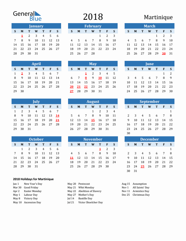 Printable Calendar 2018 with Martinique Holidays (Sunday Start)